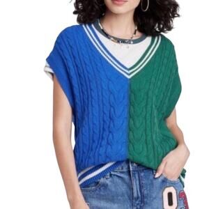 Wild Fable Split Colorblock Oversized V-Neck Knit Sweater Vest Green Blue Size L